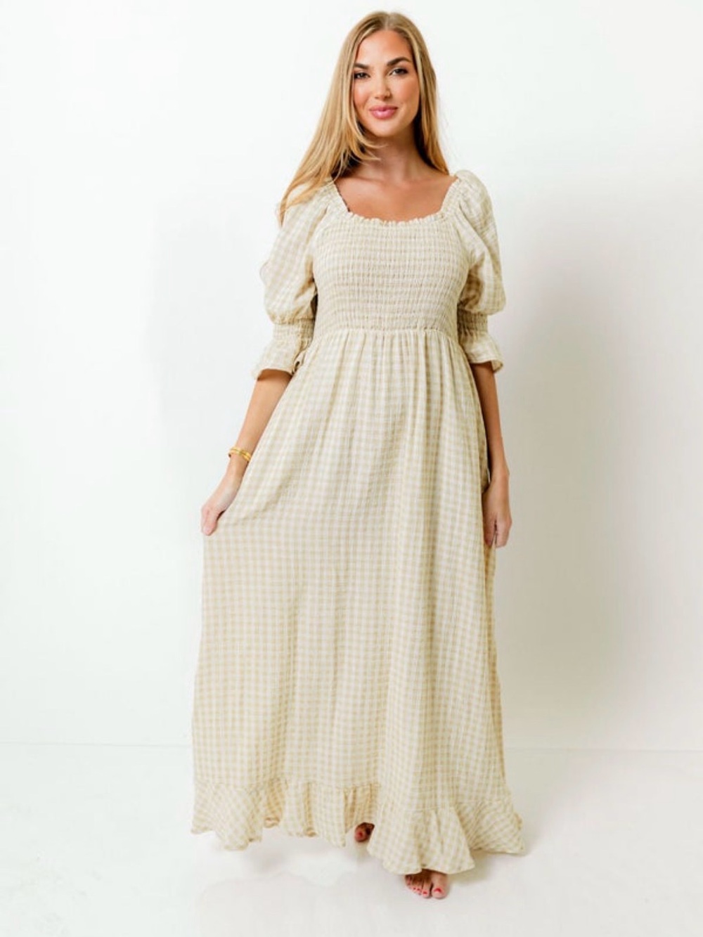 NWT Worth Collective Cotton Gingham Smocked Maxi Dress XS Cottagecore maternity - Picture 2 of 7